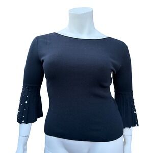 Marina V Black Bell Sleeve Top Studded Pleated‎ Knit Boat Neck Whimsigoth Medium